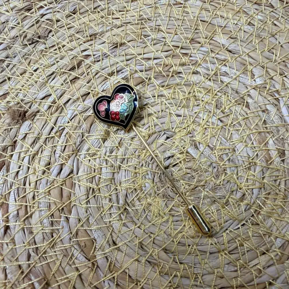 Vintage Cloisonné Enamel Heart Stick Pin with Floral and Butterfly Design